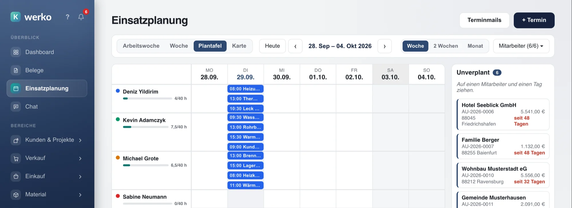 Kwerko im Browser: Einsatzplanung als Plantafel mit Monteuren, ihren Terminen der Woche, Auslastung und einer Liste unverplanter Aufträge