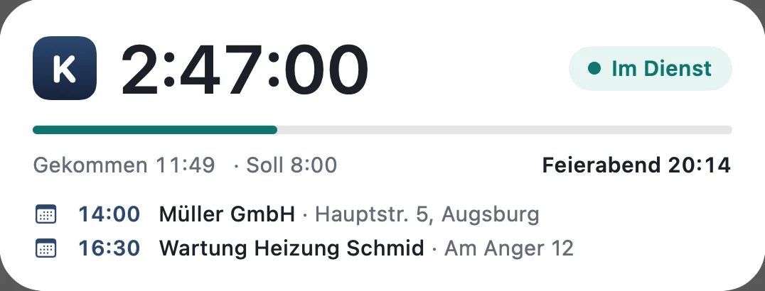 Sperrbildschirm des iPhones: Kwerko-Stempeluhr mit 2:47:00 Stunden im Dienst, Feierabend 20:14 und den nächsten zwei Terminen