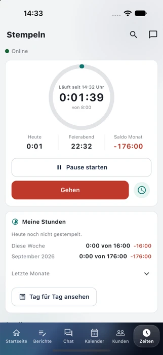 Stempeluhr in der App mit laufender Zeit