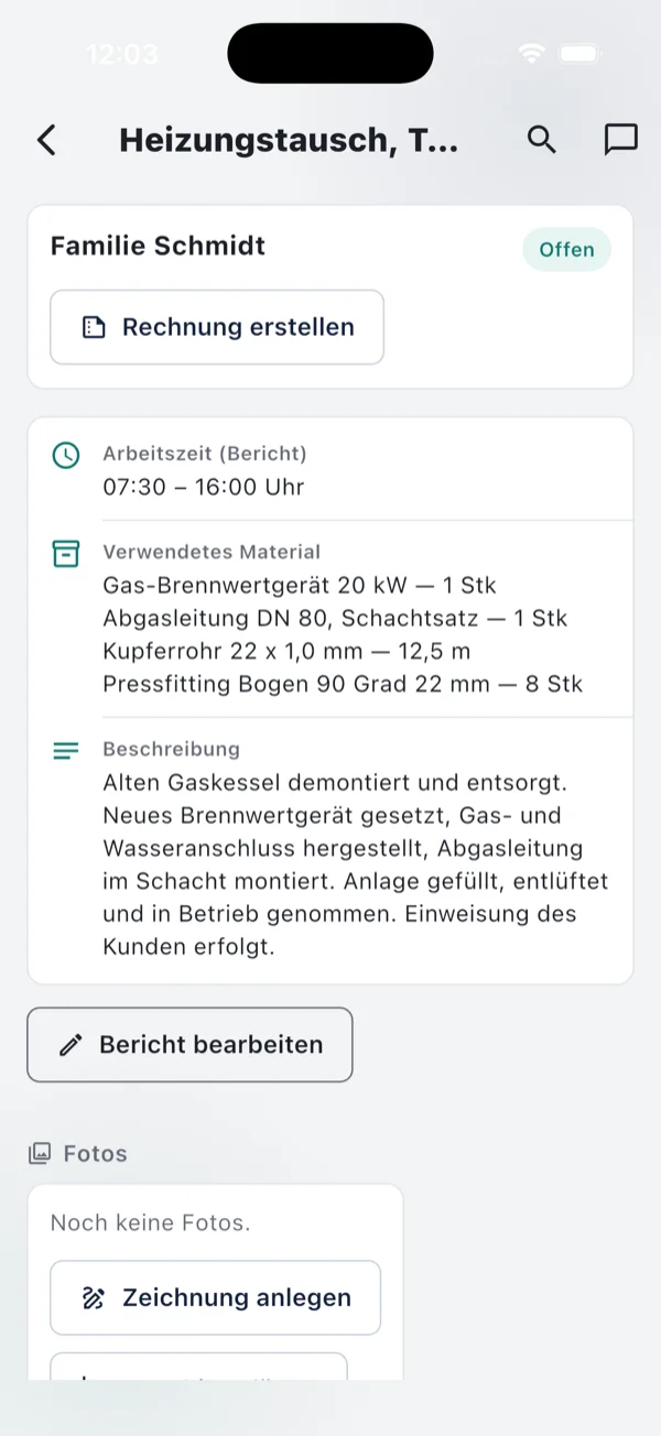 Kwerko-App auf dem iPhone: Tagesbericht Heizungstausch mit Arbeitszeit, verbautem Material und Beschreibung